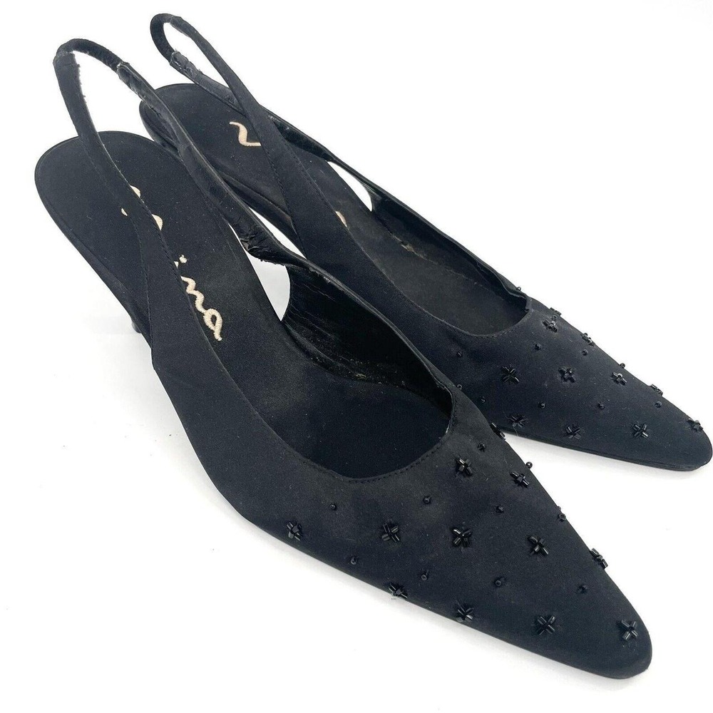 Vintage Nina Satin Beaded Leather Slingback Pointy Toe Heels Size 9M